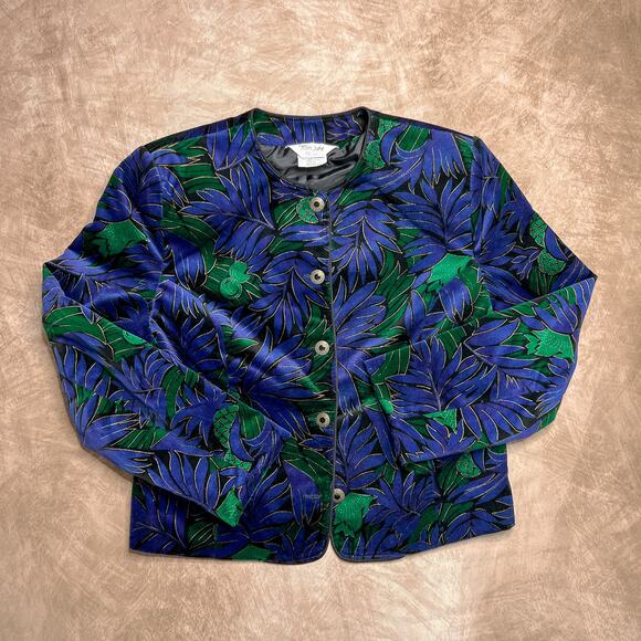 Vintage 90s Tan Jay Tropical Leaf Fruit Print Velour Blazer Jacket Metallic Boho - Picture 1 of 8